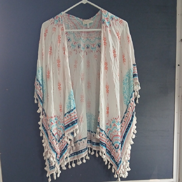 Tops - Bobbie Brooks Bohemian White Kimono with Tassels Orange white blue One Size